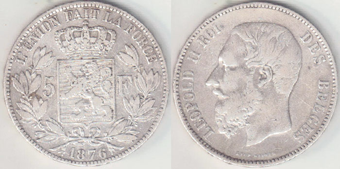 1876 Belgium silver 5 Francs A000701